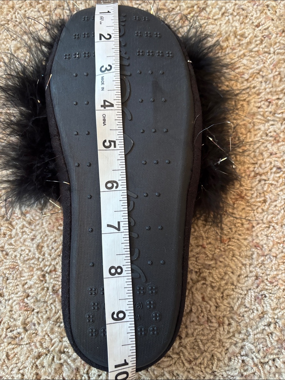 Worn Once Betsey Johnson Black Marabou Slide Slippers with Silver Tinsel - Picture 5 of 6